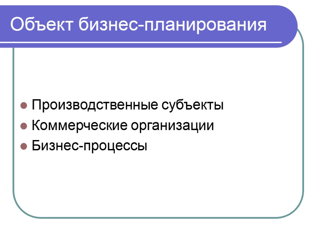 Объект бизнес-планирования Производственные субъекты Коммерческие организации Бизнес-процессы